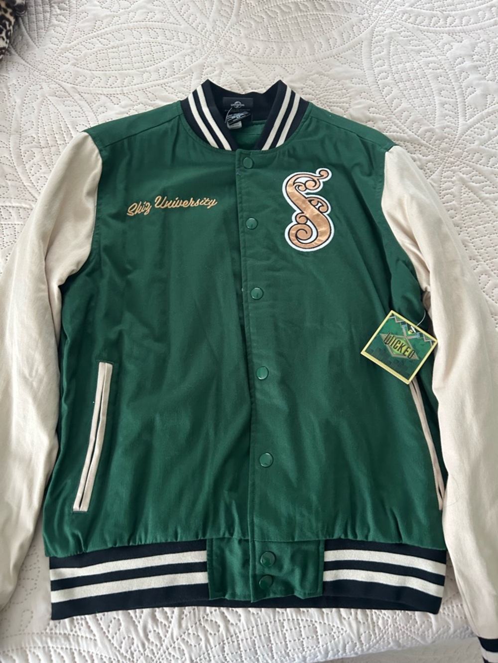 Green and Cream Varsity Bomber Jacket with Script Patch